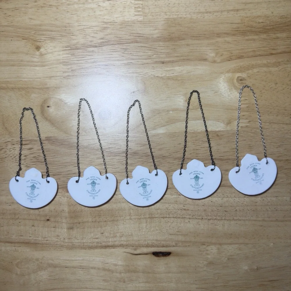 Set Of 5 Vintage Crown Staffordshire England Bone China Bottle Decanter Tags Bow
